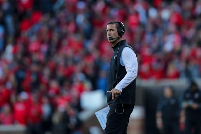 Nov 6, 2021; Cincinnati, Ohio, USA; Cincinnati Bearcats head coach Luke Fickell looks on during the second half against the Tulsa Golden Hurricane at Nippert Stadium. Mandatory Credit: Katie Stratman-USA TODAY Sports